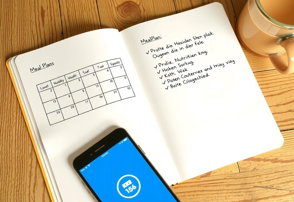 Notizbuch mit handschriftlichem Ernährungsplan und Smartphone